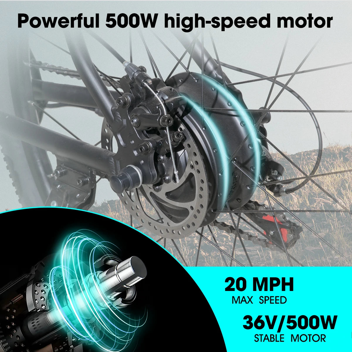 Bicycle with a powerful 500W high-speed motor, showing close-up details and specifications.