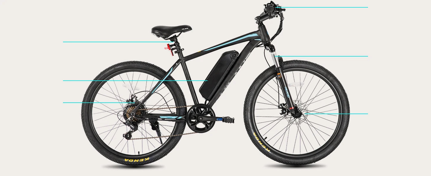 Electric bicycle with highlighted components on a white background