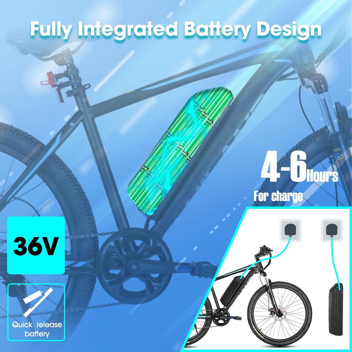 Electric bike with a battery pack and charging information on a blue background