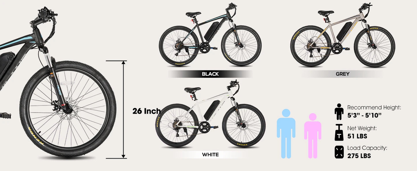 Comparison chart of electric bikes in black, gray, and white with dimensions and weight capacity information.
