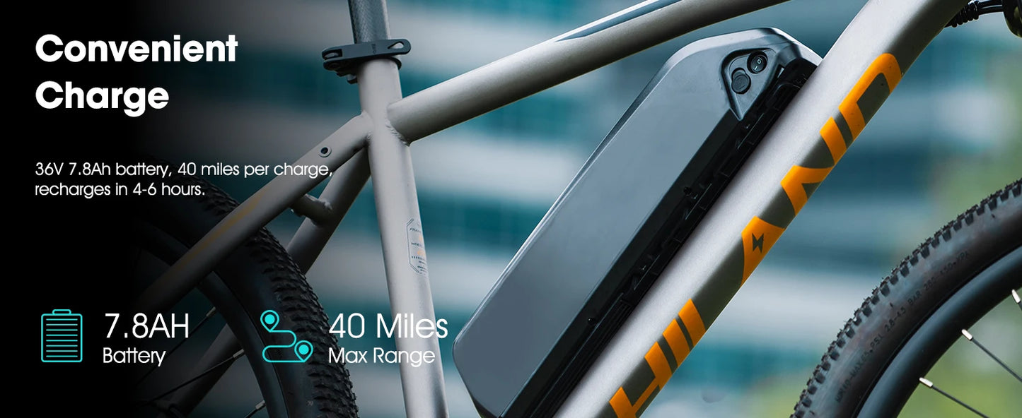 Electric bike battery pack with charging information displayed on a blurred background