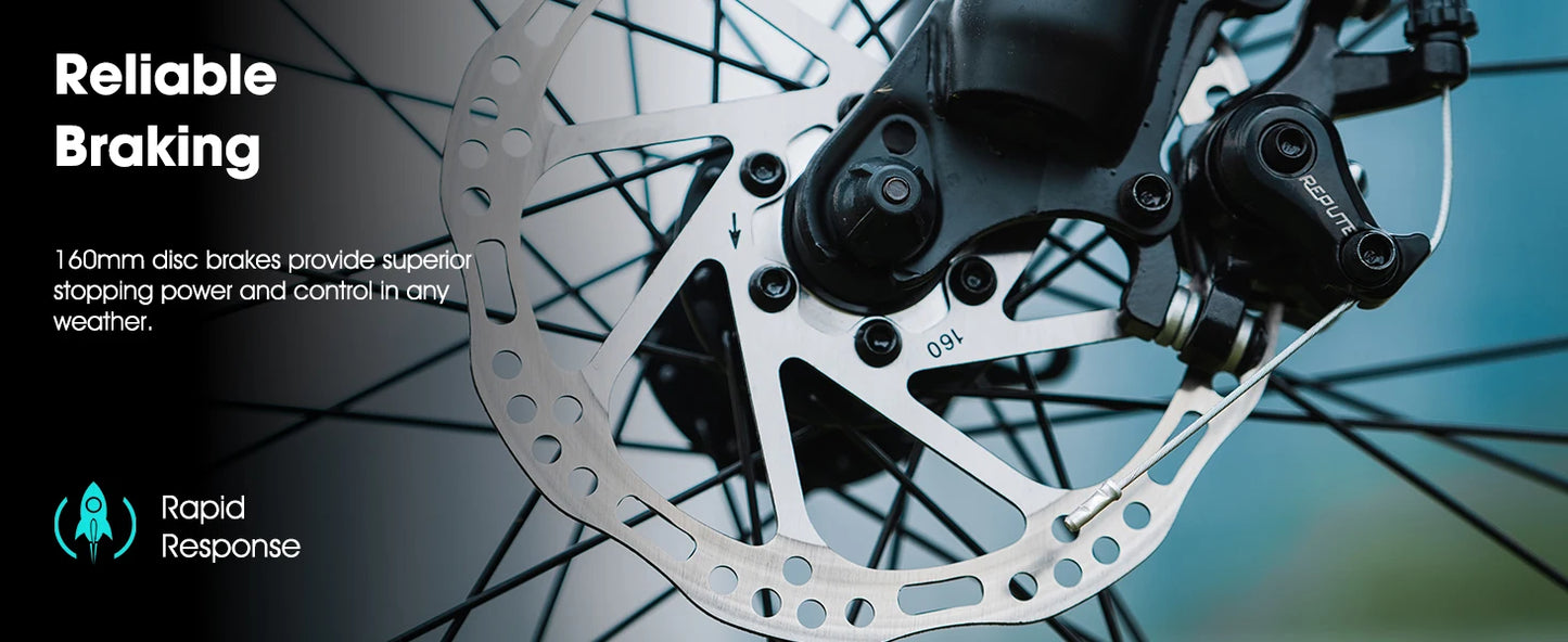 Bicycle disc brake with text highlighting reliability and rapid response.