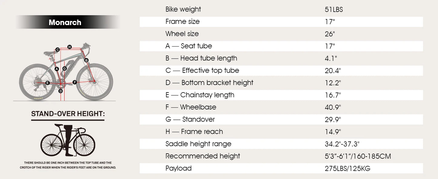 Bicycle specifications chart for a Monarch bike with dimensions and measurements.
