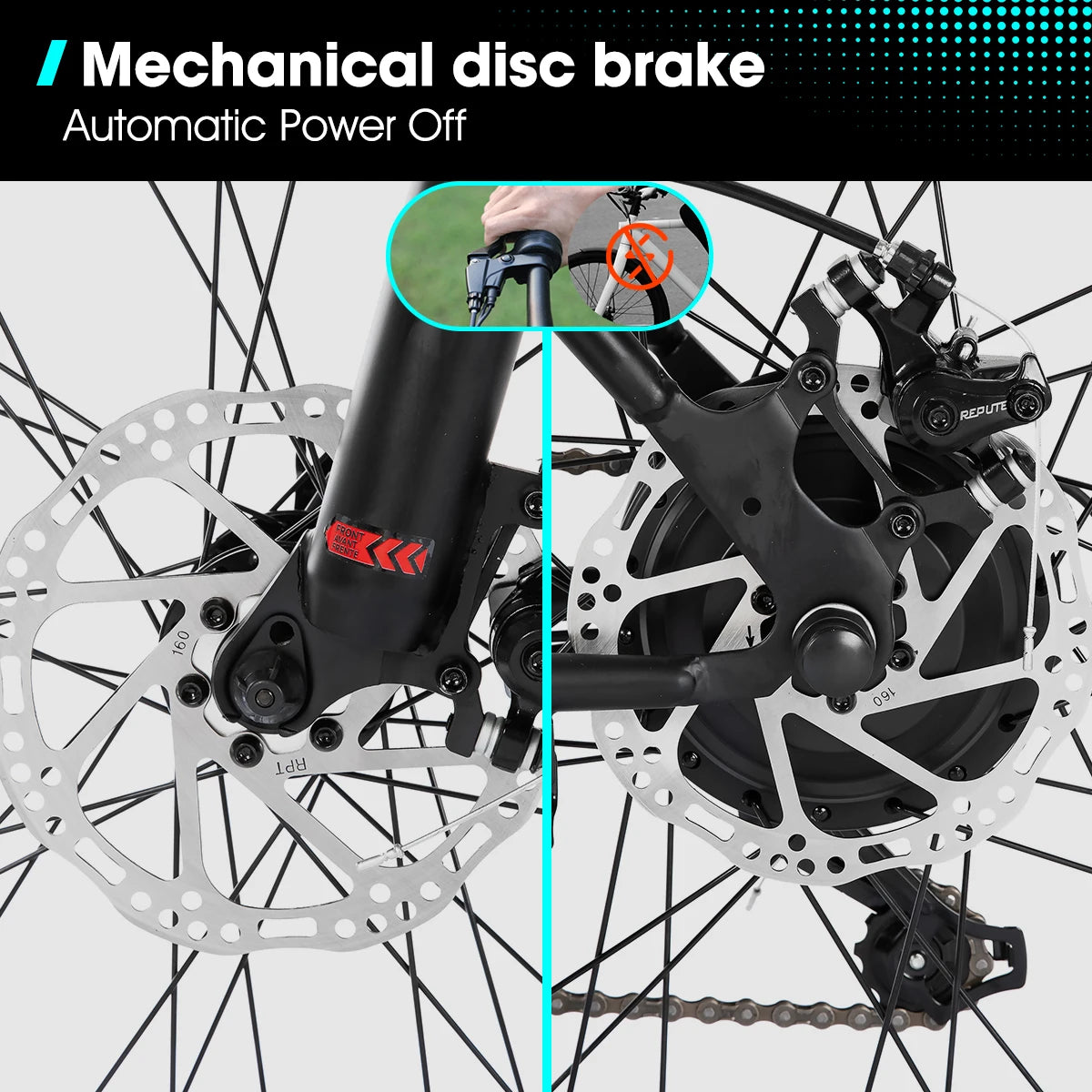 Mechanical disc brake system with automatic power off feature on a bicycle wheel.