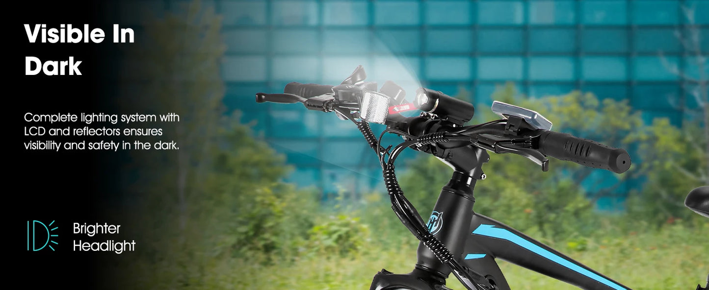Bicycle handlebar with visible lighting system in a blurred outdoor setting