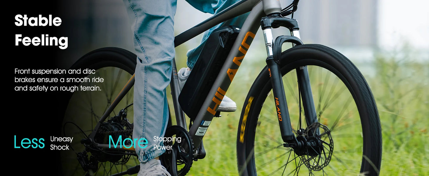 Person riding a bicycle with text about bike features on a blurred natural background