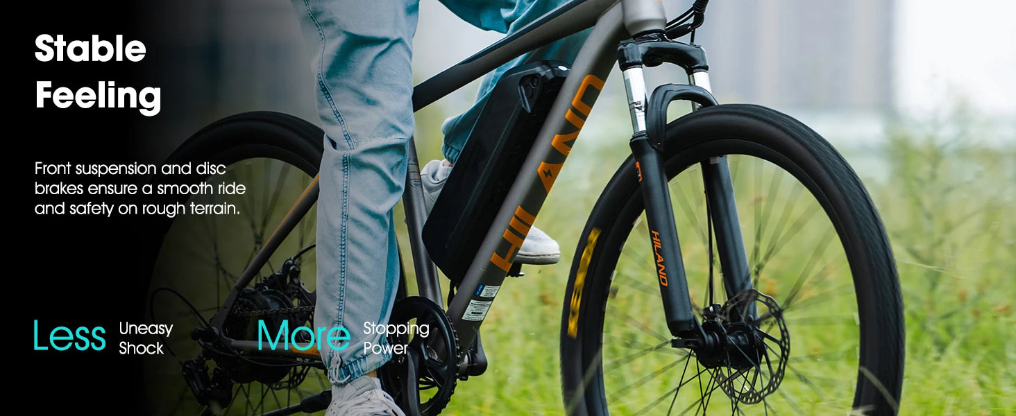 Person riding a bicycle with text about bike features on a blurred natural background