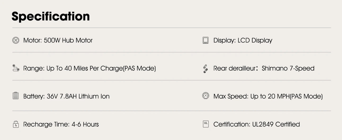 List of specifications for a product on a white background