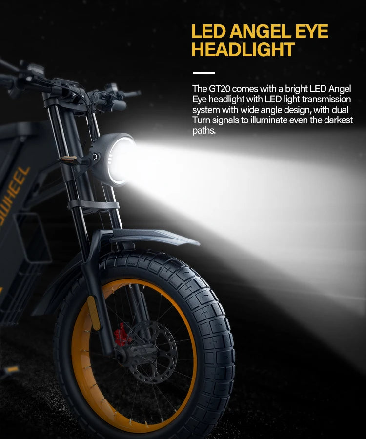 Motorcycle headlight with LED Angel Eye feature on a dark background