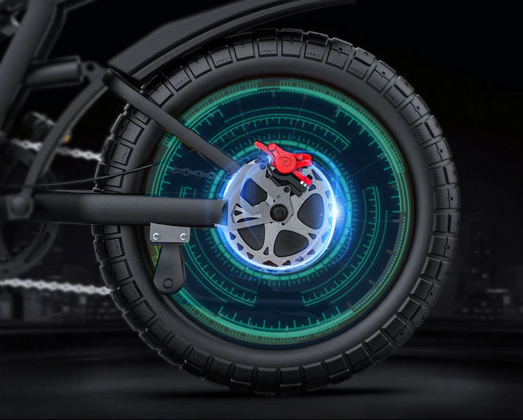 Close-up of a motorcycle wheel with glowing blue and green rim on a dark background