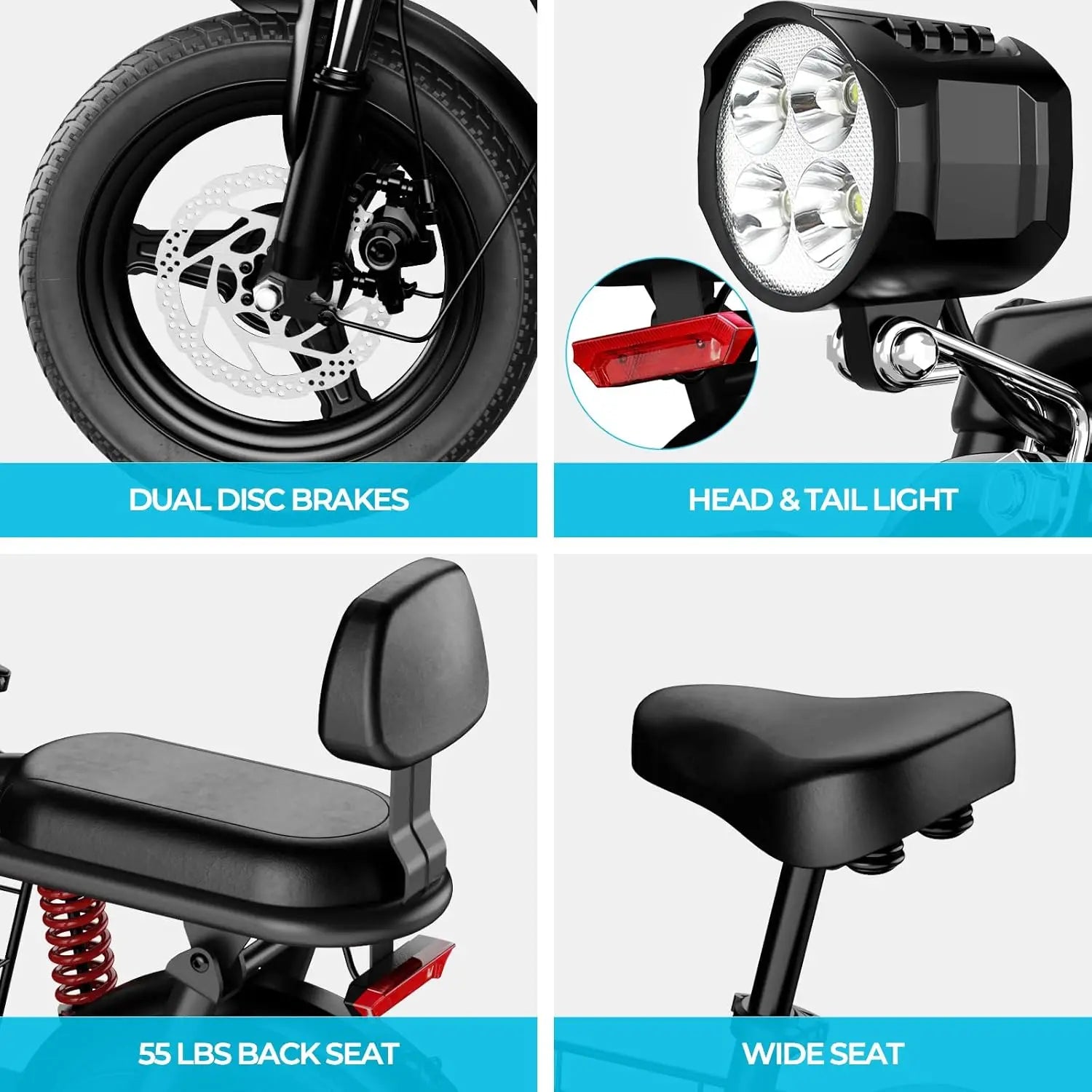 Motorcycle features including wheel, headlight, back seat, and wide seat with text labels.
