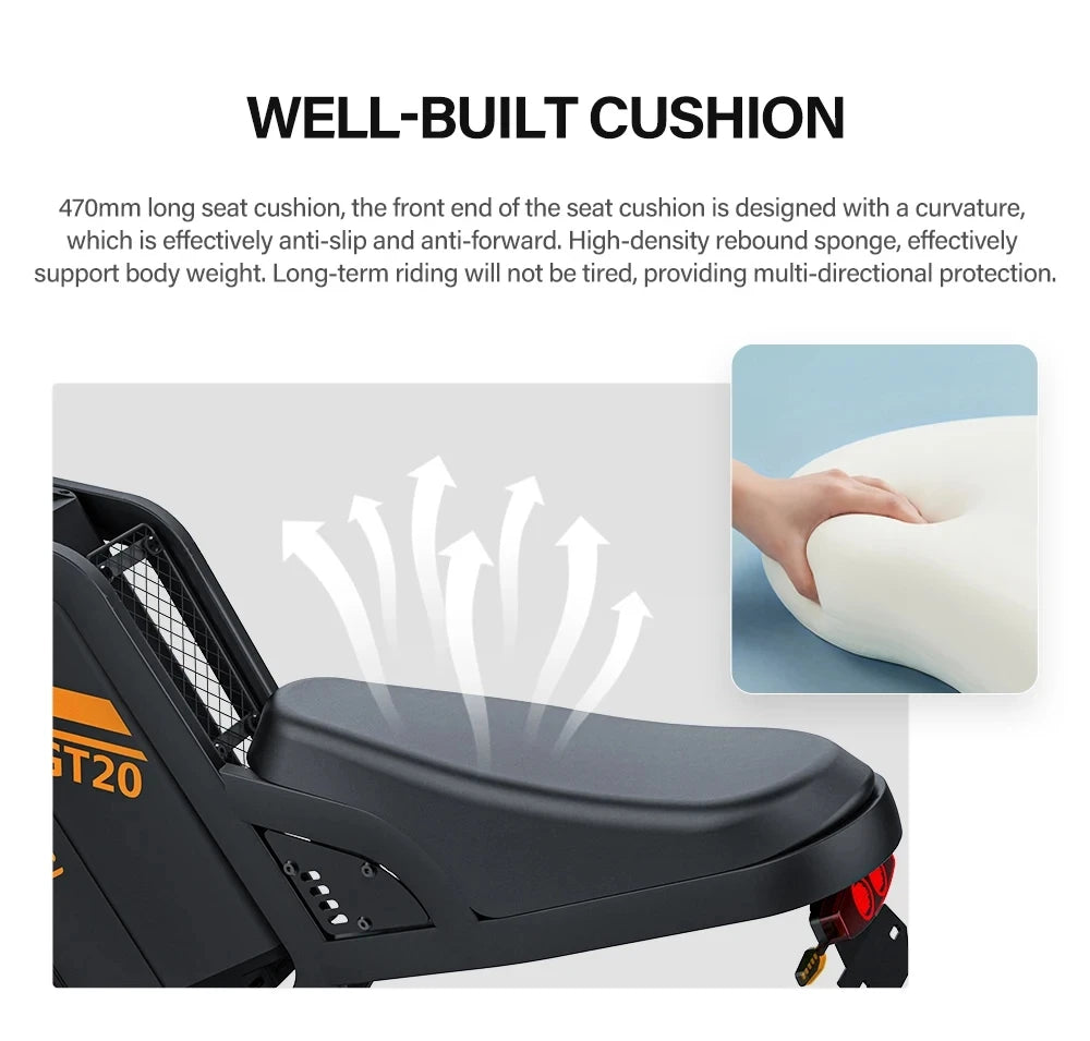 Motorcycle seat with cushioning features and text describing its design and benefits.