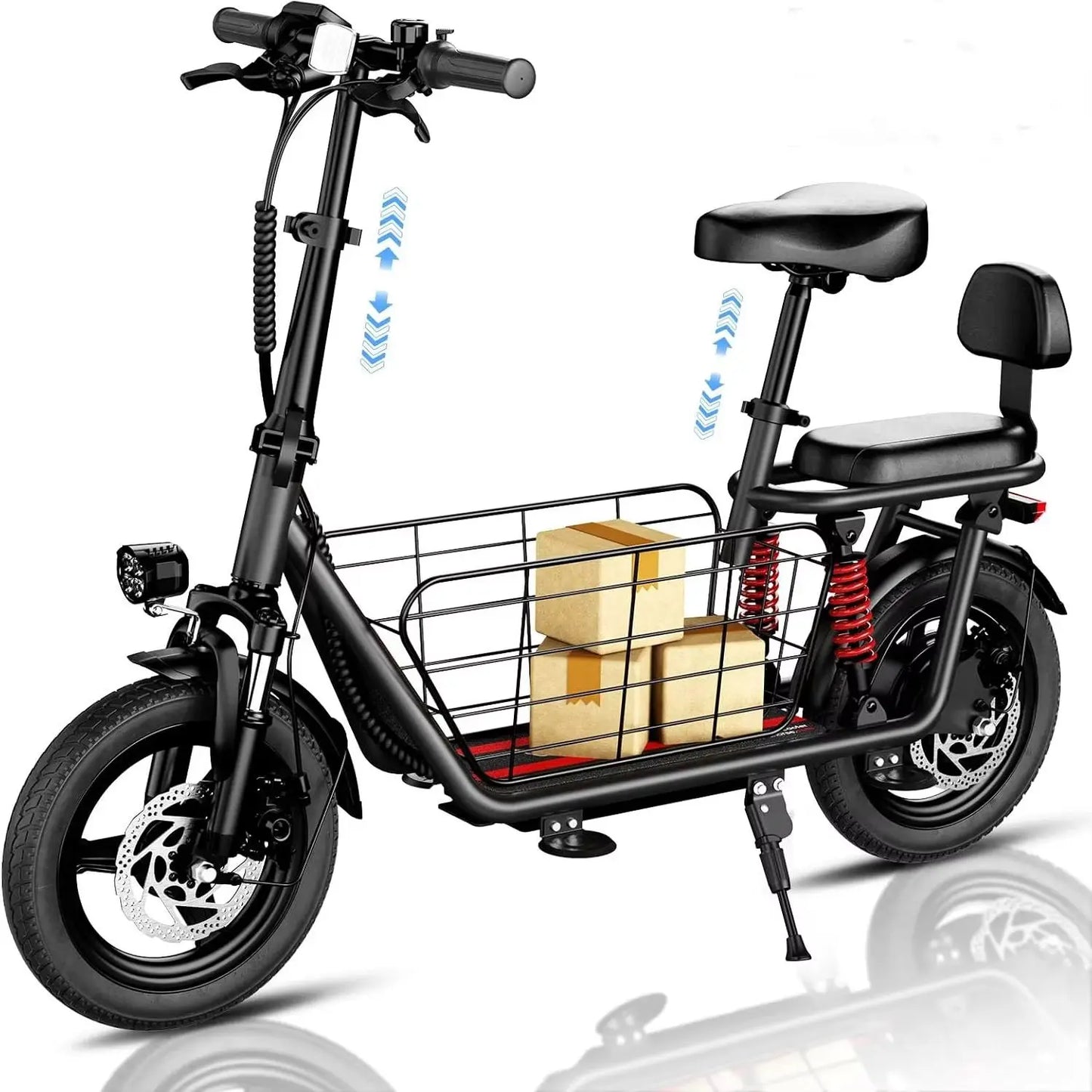 Black electric bike with a basket and seat on a white background
