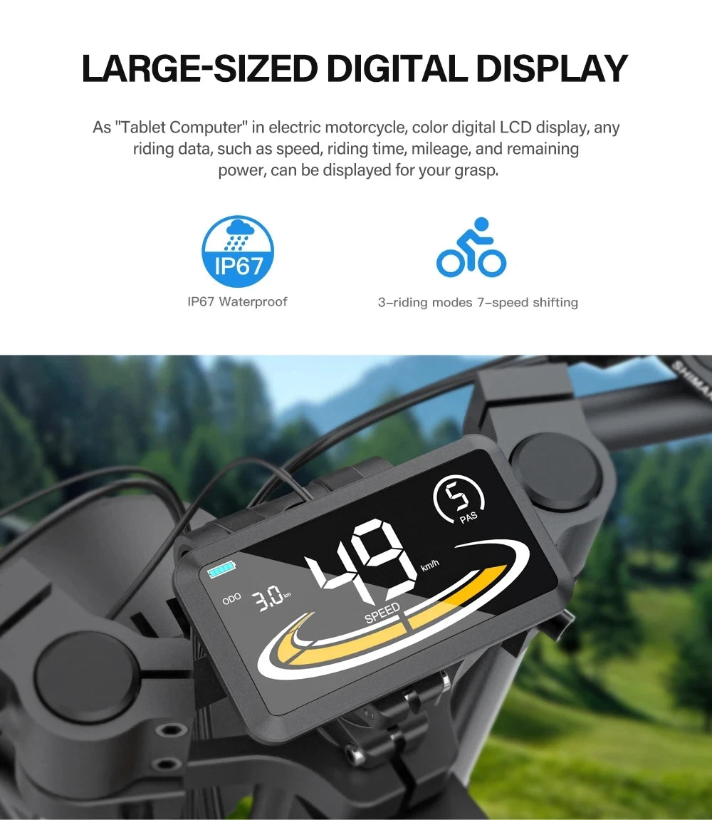 Digital display on a motorcycle with a scenic background