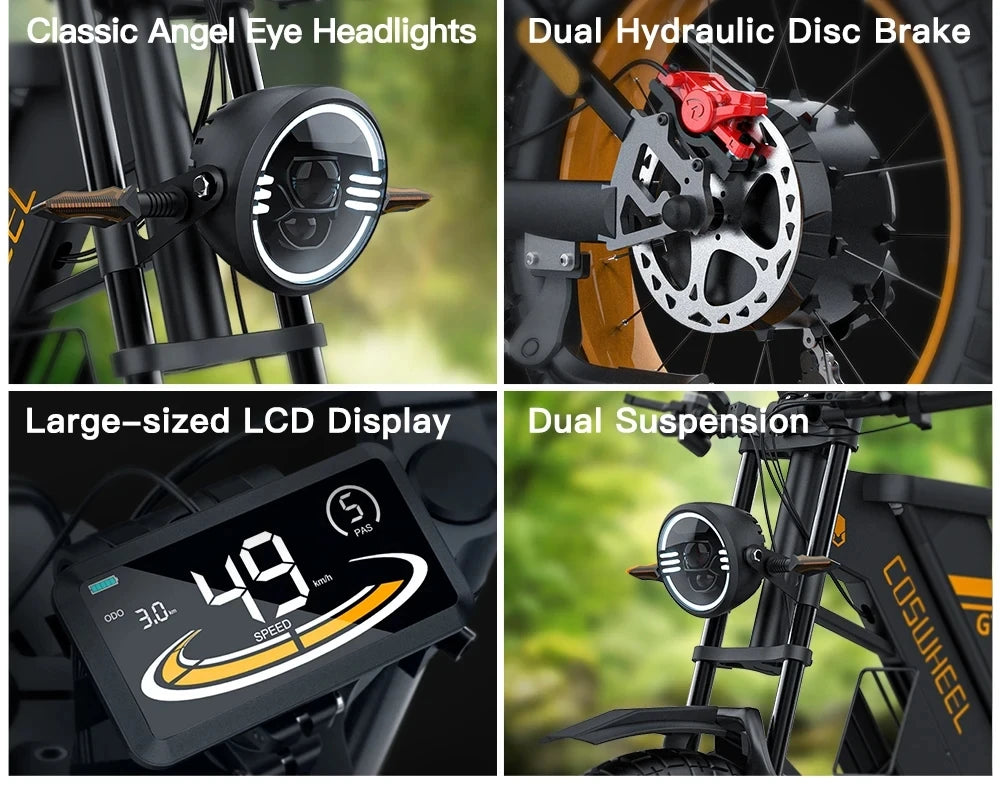 Four features of a bicycle with text labels: Classic Angel Eye Headlights, Dual Hydraulic Disc Brake, Large-sized LCD Display, and Dual Suspension.