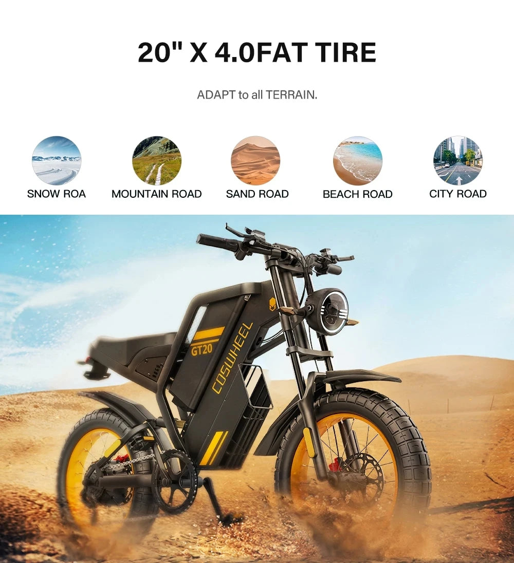 Electric bike with 20" x 4.0 fat tire on a desert road with terrain icons above.
