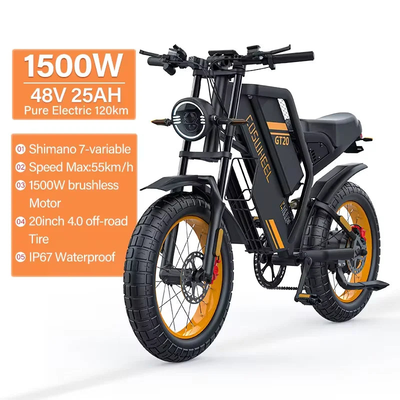 Electric bike with specifications on a white background