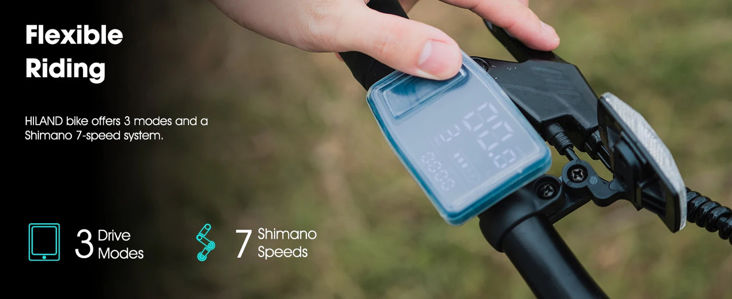 Close-up of a bike handlebar with a digital display, showing bike control features.
