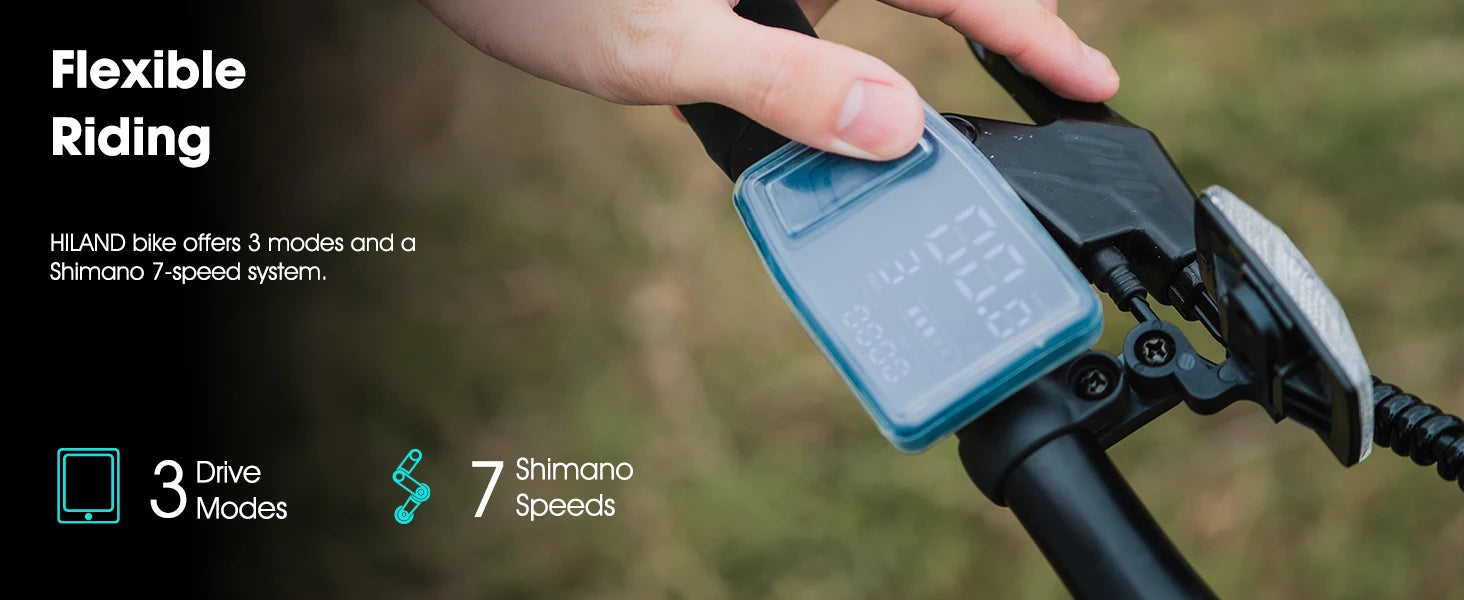Close-up of a bike handlebar with a digital display, showing bike control features.