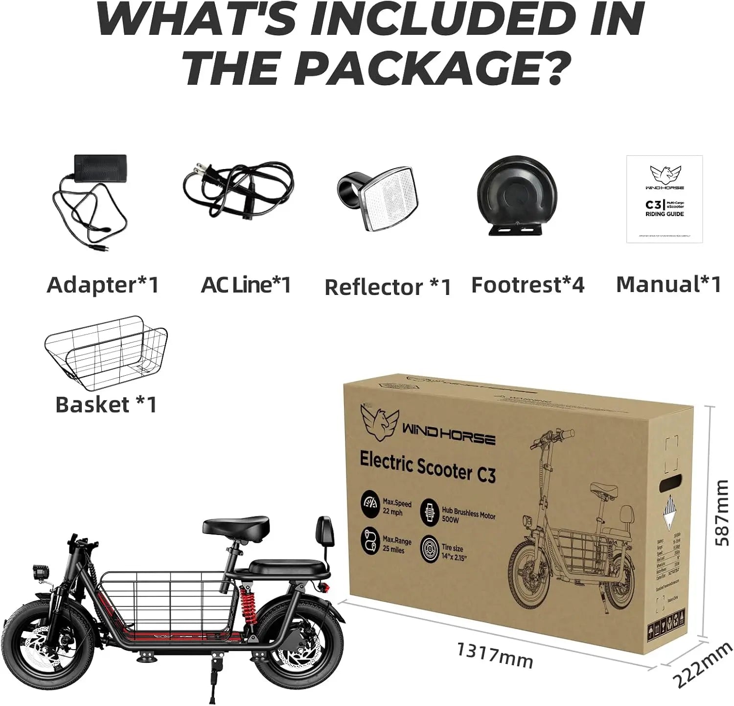 Electric scooter package with components and Windhorse branding