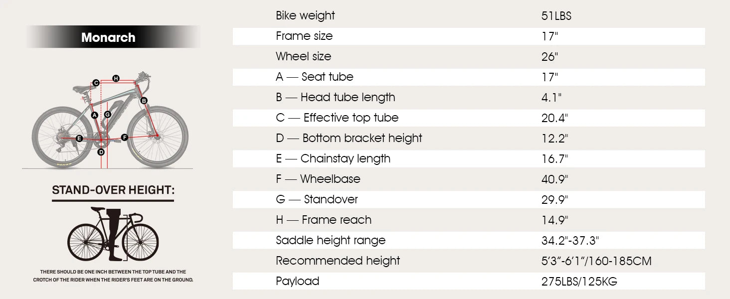 Bicycle specifications chart for a Monarch bike with dimensions and measurements.