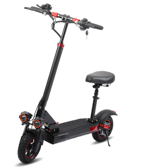 A black and red folding electric scooter with a seat and dual batteries behind the scooter.