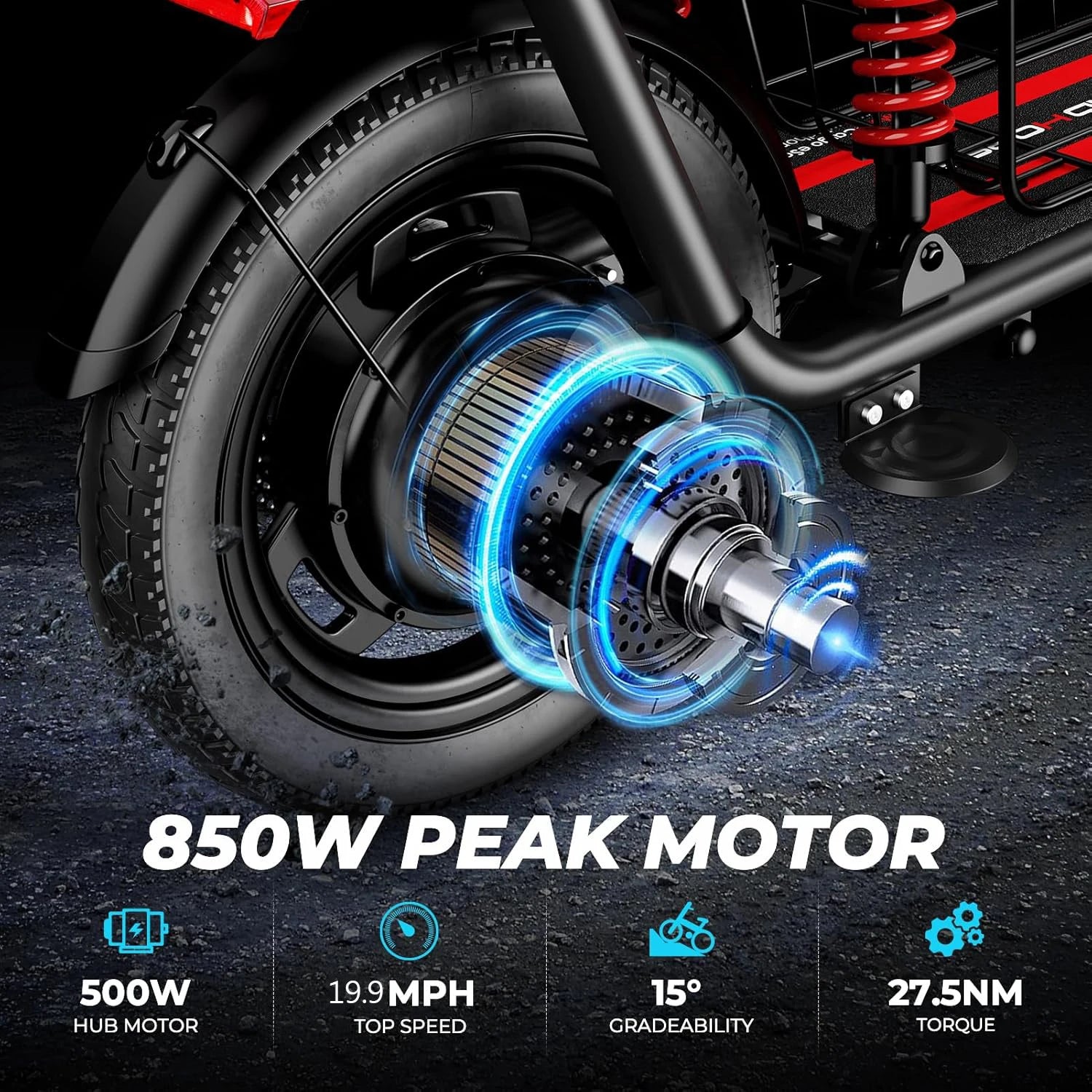 Close-up of a motorcycle wheel with an 850W peak motor and technical specifications displayed.