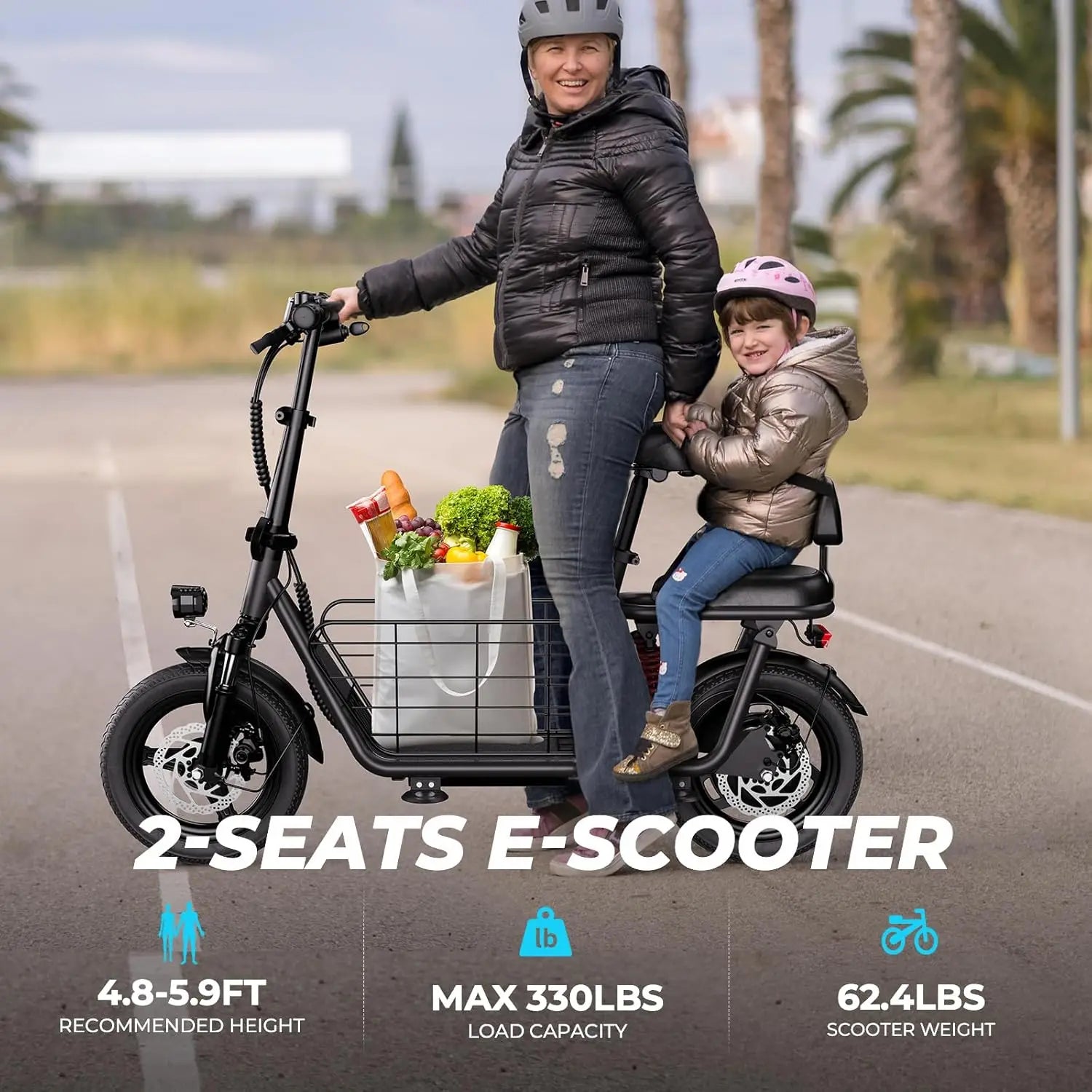 Two people on a two-seats electric scooter with product specifications displayed.
