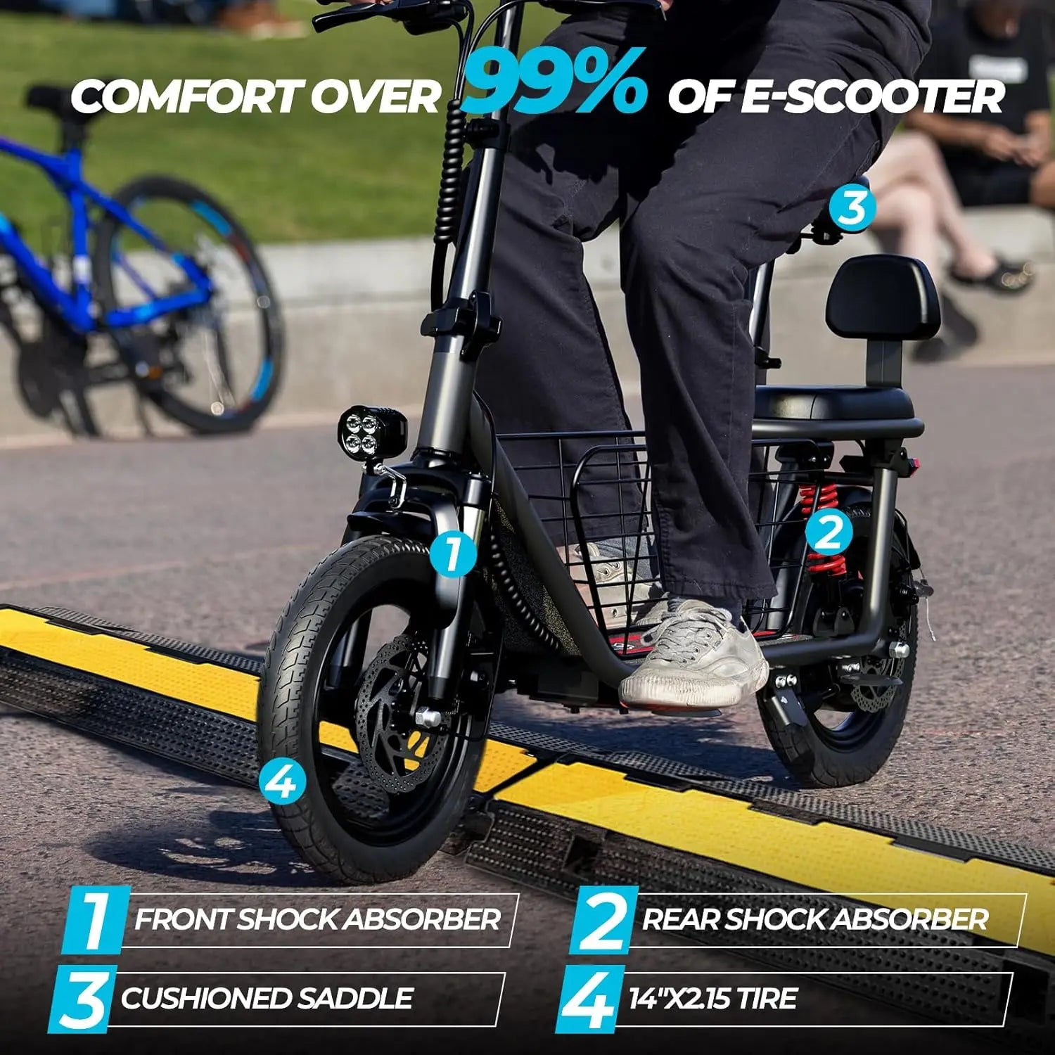 Person riding an electric scooter with features highlighted on a road.