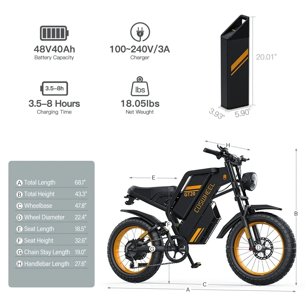 Electric bike with specifications on a white background