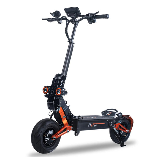 A black and orange Quickwheel D5 48V electric scooter with large wheels, displayed at an angle showing the side and front of the scooter.