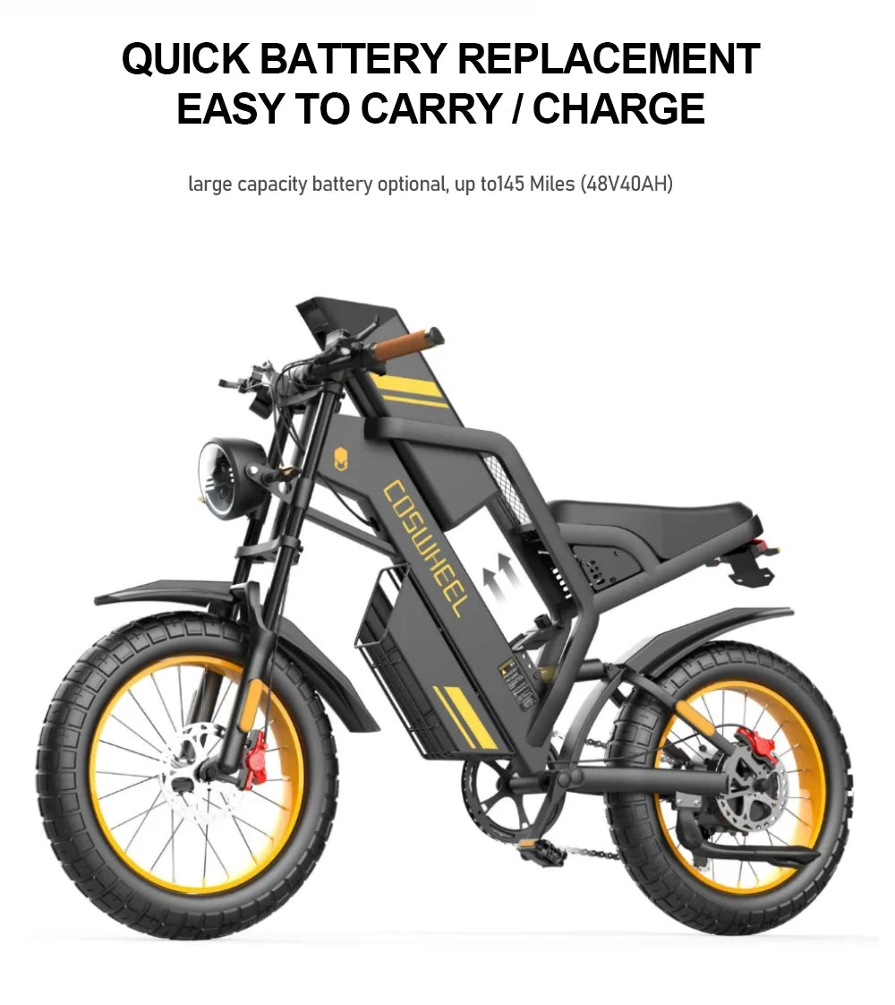 Electric bike with text about quick battery replacement and easy carrying/charging on a white background