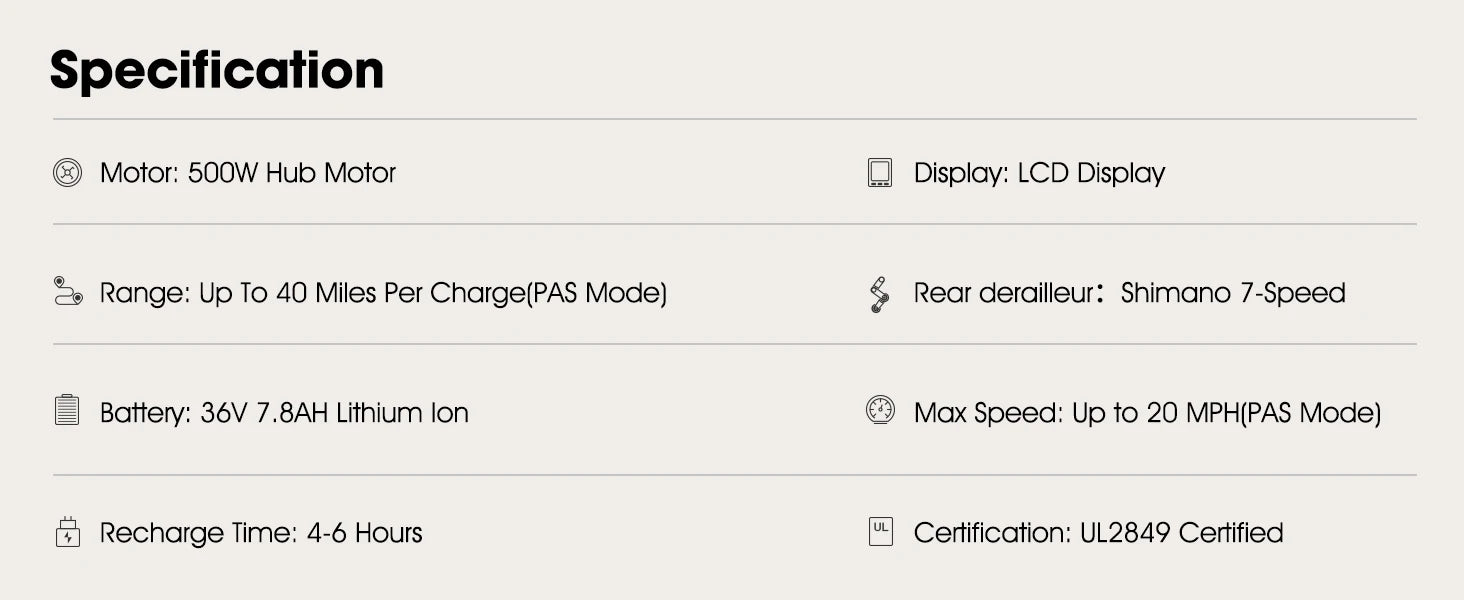 List of specifications for a product on a white background