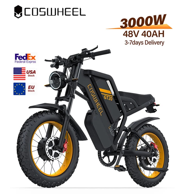 Coswheel electric bike with specifications and delivery information on a white background