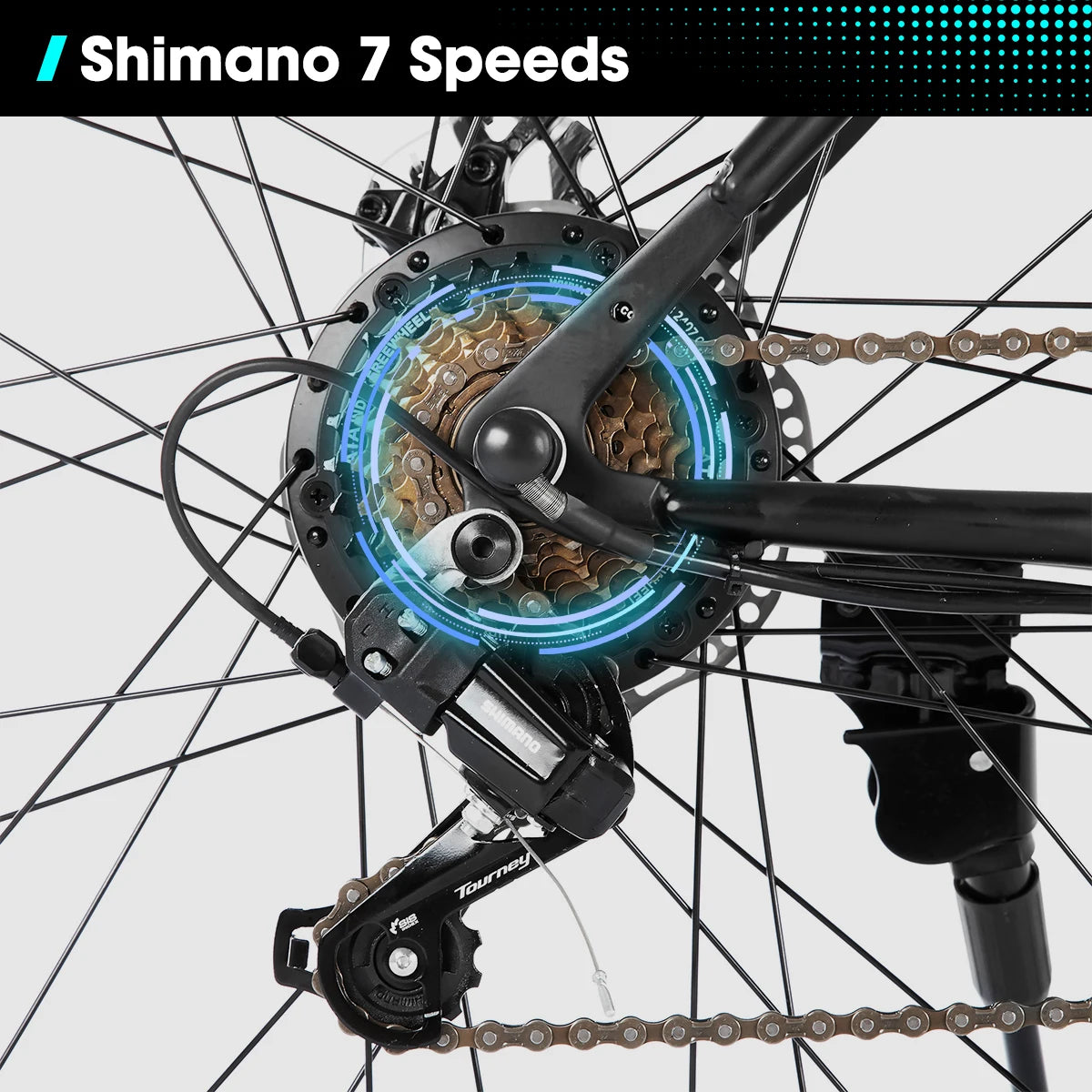 Close-up of a bicycle gear system with Shimano branding on a white background
