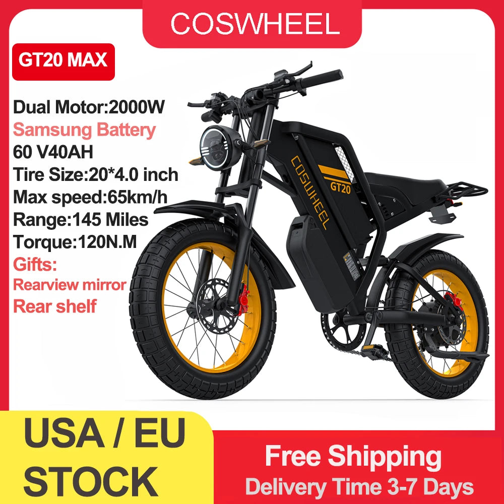Coswheel GT20 MAX electric bike with specifications on a red and white background